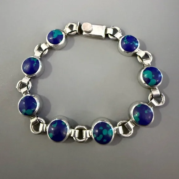 Taxco Silver Bracelet with Blue and Green Accents - Picture 2 of 9
